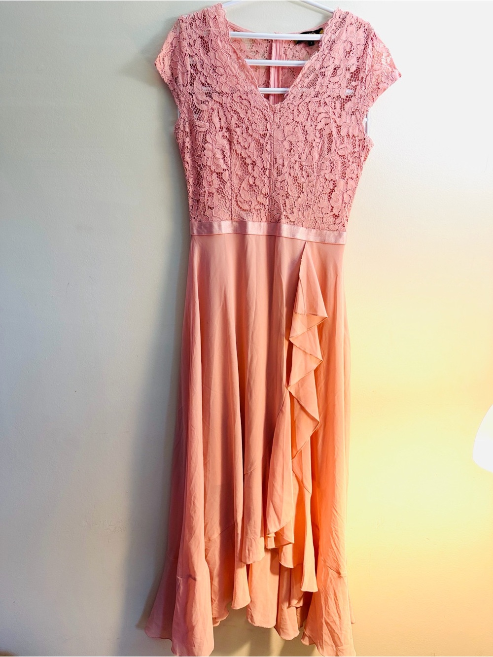 Peach Lace Bodice Ruffled Midi Dress